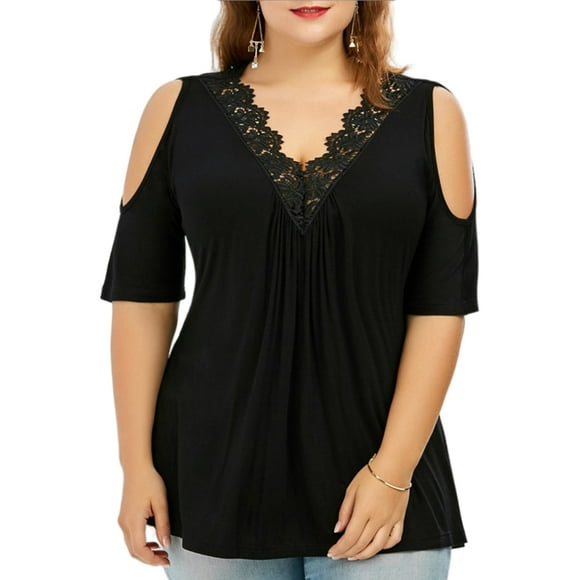 Pandapang Women Cold Shoulder Hollow Plus Size Comfort V Neck Lace Top Blouse T-Shirts Pandapang Women Cold Shoulder Hollow Plus Size Comfort V Neck Lace Top Blouse T-Shirts